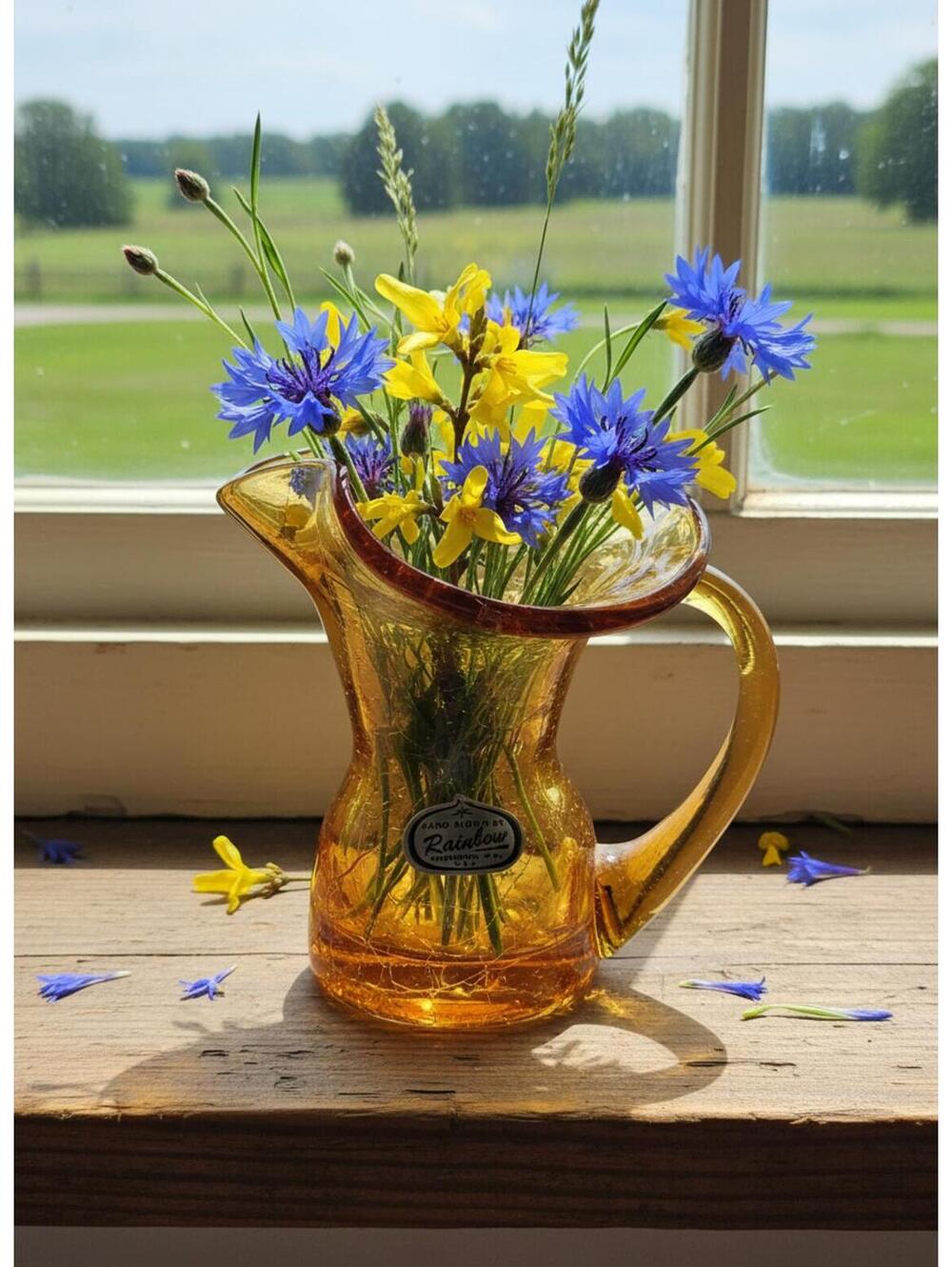 Amber Crackle Glass Mini Pitcher Rainbow Glass Co. Dual Labels (Rainbow + HOST)
